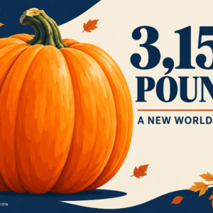 Original editorial illustration celebrating a 3,156-pound pumpkin record, not a photograph of Ron Wallace’s actual pumpkin.