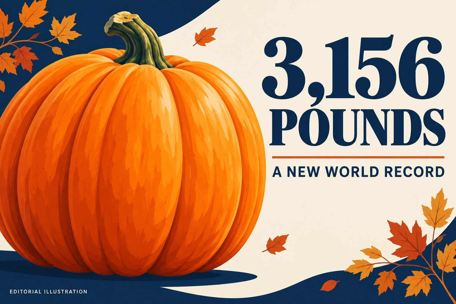 Original editorial illustration celebrating a 3,156-pound pumpkin record, not a photograph of Ron Wallace’s actual pumpkin.