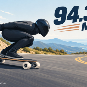 Original editorial illustration of a downhill skateboarder, not a photograph of Diego Poncelet or his record run.