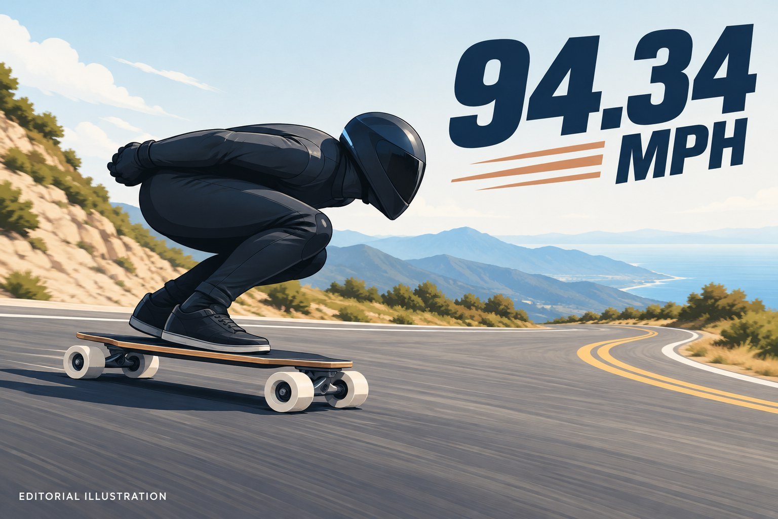 Original editorial illustration of a downhill skateboarder, not a photograph of Diego Poncelet or his record run.