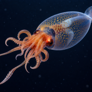 AI illustration of a juvenile colossal squid with a translucent body and orange-red head and arms. Not a photograph or still from the March 2025 expedition footage.