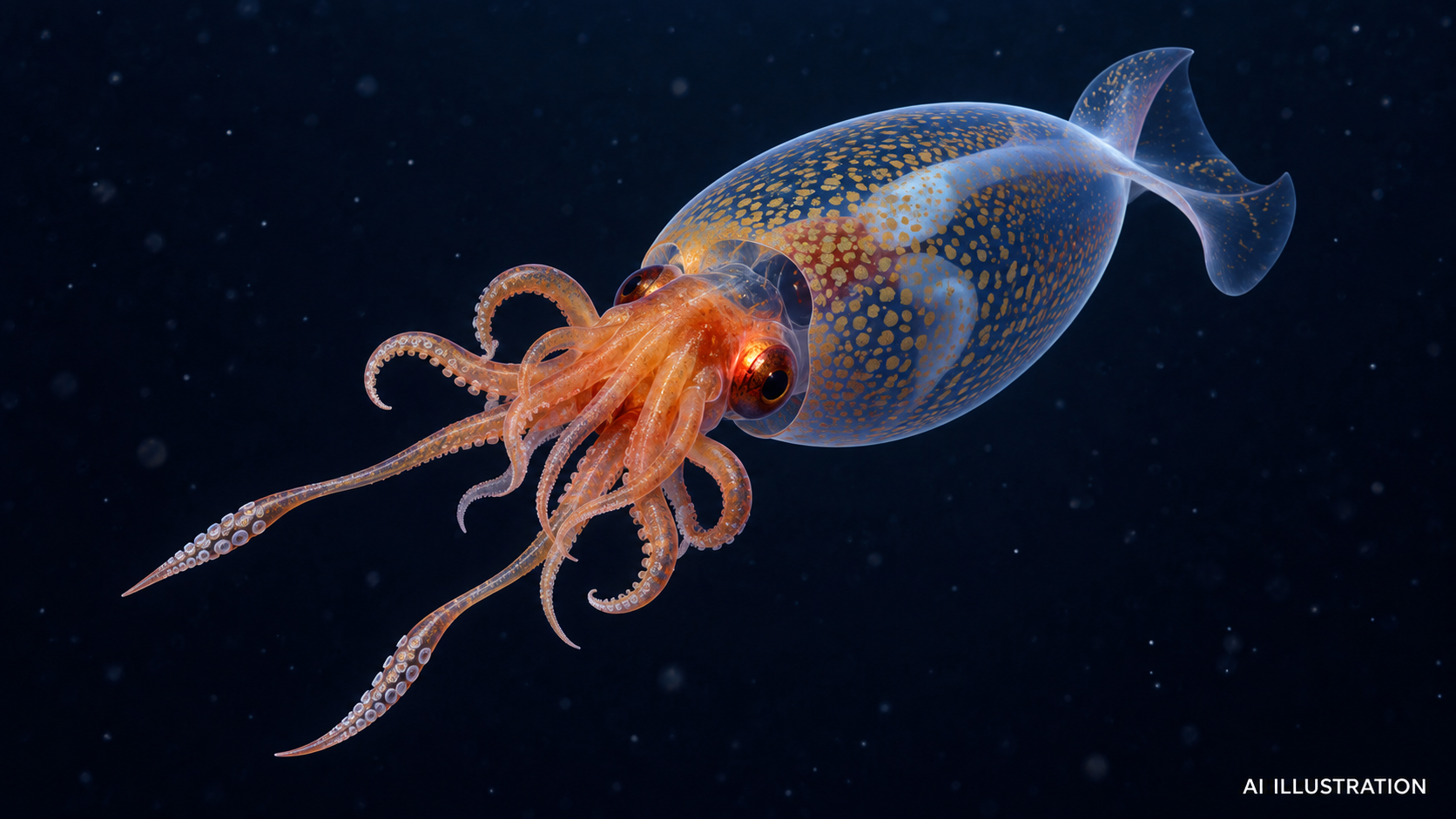 AI illustration of a juvenile colossal squid with a translucent body and orange-red head and arms. Not a photograph or still from the March 2025 expedition footage.