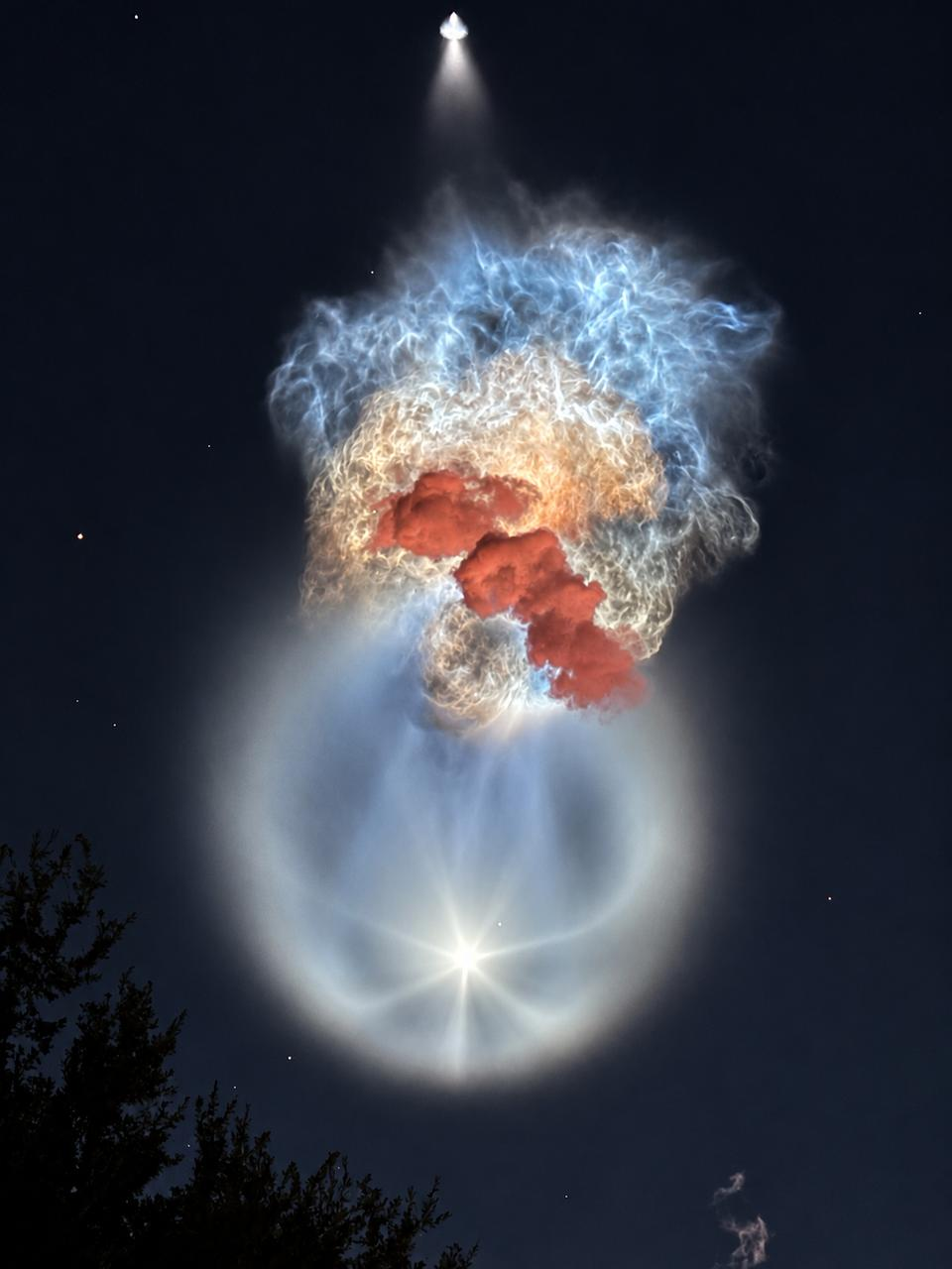 Sunlit Falcon 9 exhaust forms a glowing jellyfish-shaped plume above silhouetted trees after the SpaceX CRS-35 launch
