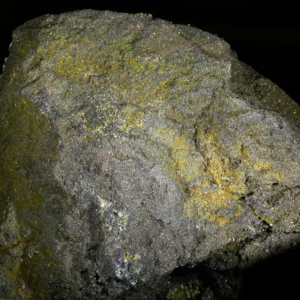 Close-up of a gray pyrrhotite-rich rock from Escanaba Trough, with glittering mineral grains and yellowish patches against a black background.