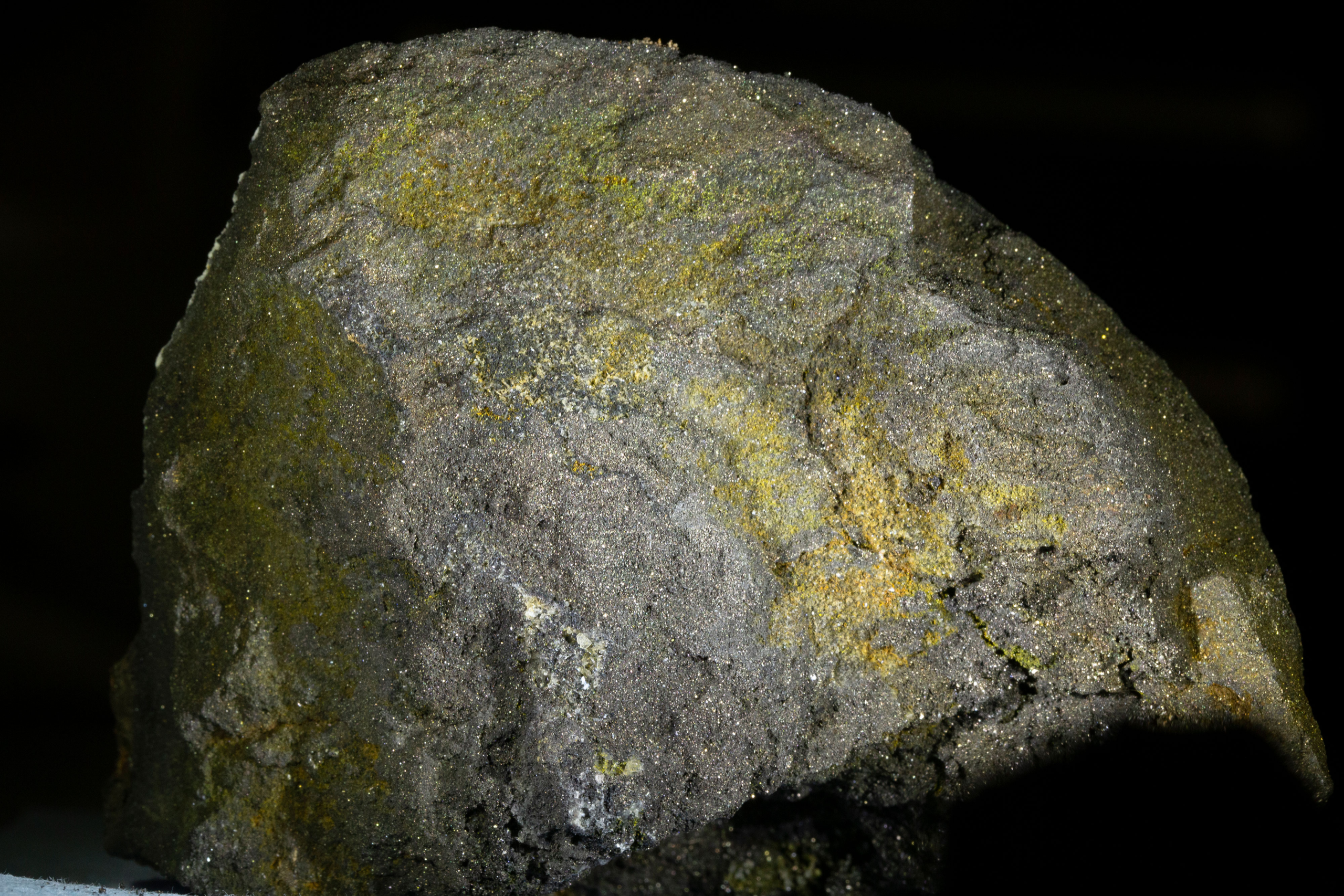 Close-up of a gray pyrrhotite-rich rock from Escanaba Trough, with glittering mineral grains and yellowish patches against a black background.