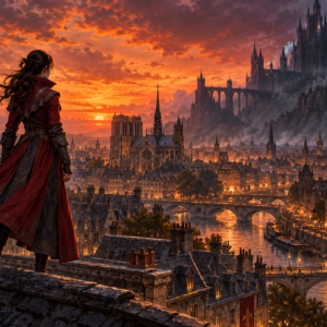 An original gothic heroine overlooks 1499 Paris as an impossible dark castle rises beyond the city.
