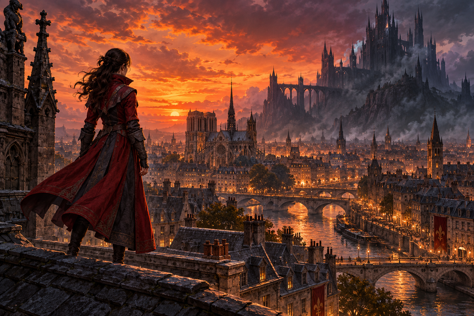 An original gothic heroine overlooks 1499 Paris as an impossible dark castle rises beyond the city.