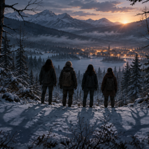 Four adult survivors stand at the edge of a snowy forest looking toward a distant town at dawn.