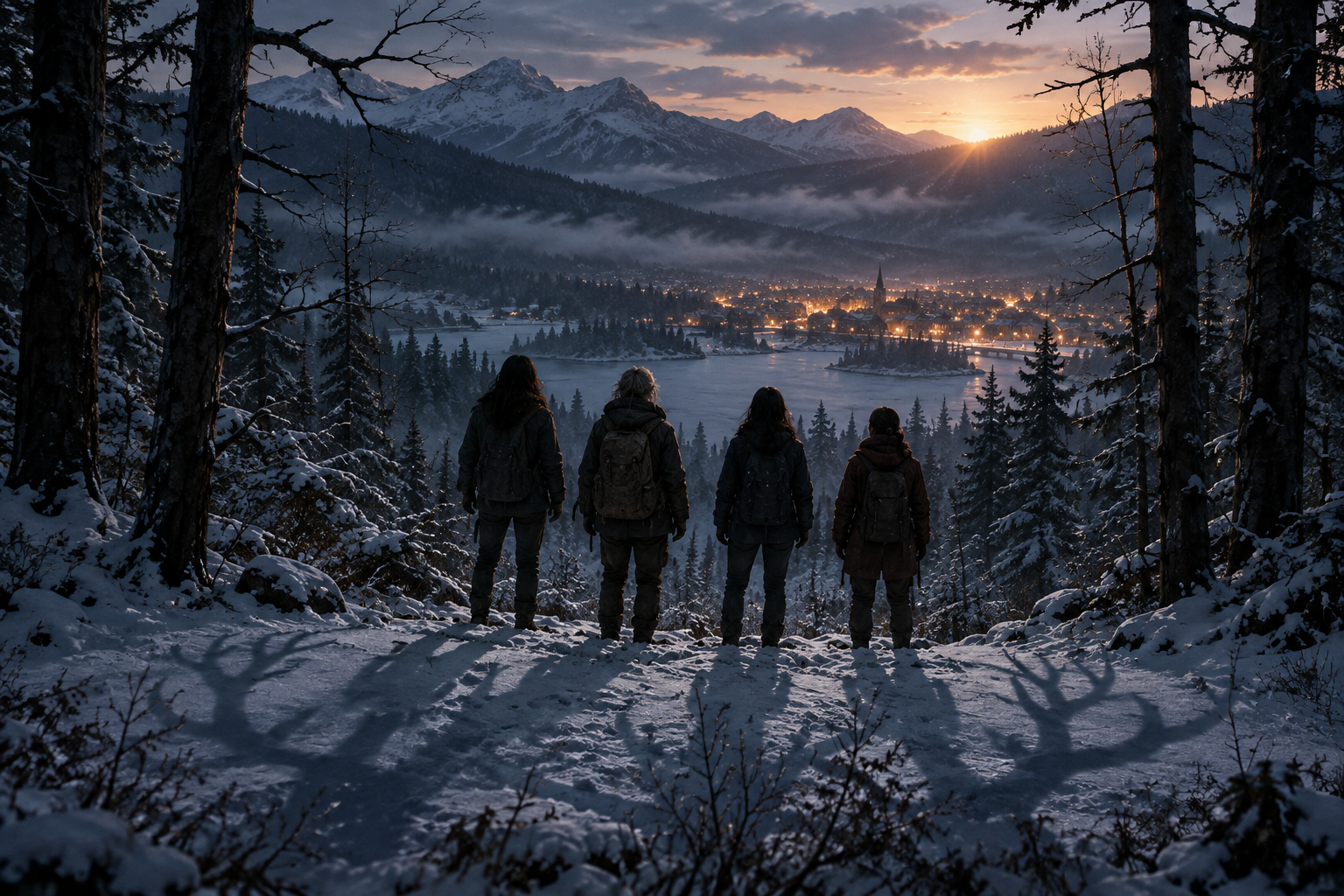 Four adult survivors stand at the edge of a snowy forest looking toward a distant town at dawn.