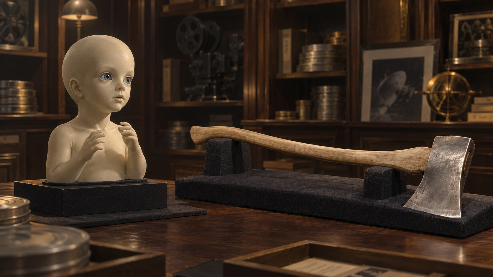 Original editorial illustration cropping the Star Child prop at the torso beside a broad-headed, curved-handle auction axe; it is not a photograph of the artifacts.
