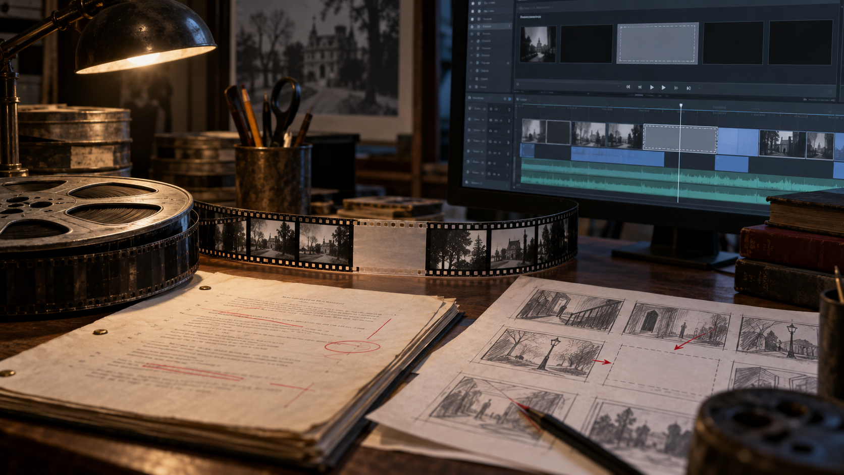 Original illustration of a missing section in a film reel beside continuity pages, storyboards and a modern editing timeline.