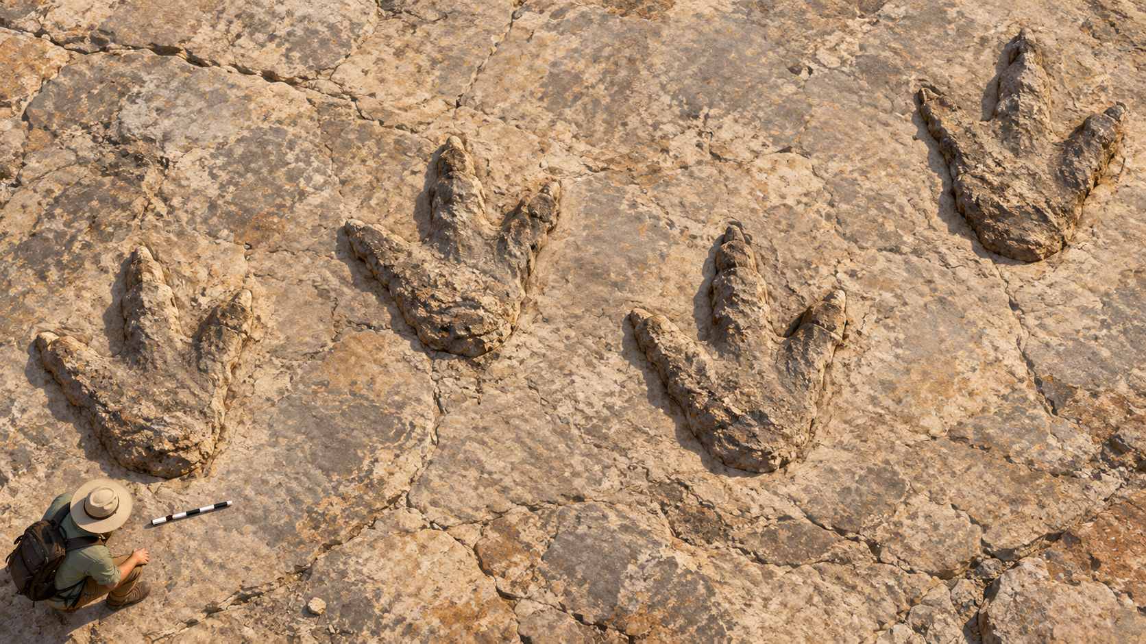 Original illustration of four weathered three-toed fossil casts forming a trackway across a rocky North Dakota badlands outcrop; it is not a photograph of the actual site.