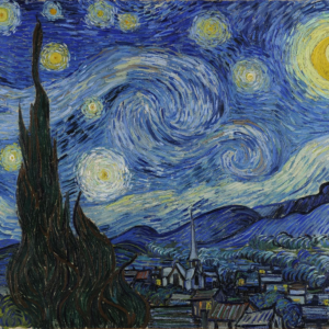 Vincent van Gogh’s The Starry Night, with a dark cypress, swirling blue sky, bright stars and a yellow crescent Moon above a village.