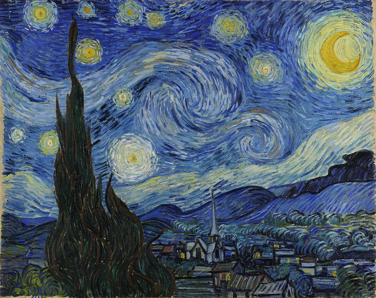 Vincent van Gogh’s The Starry Night, with a dark cypress, swirling blue sky, bright stars and a yellow crescent Moon above a village.