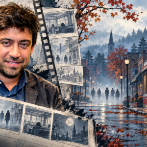 AI concept illustration pairing Alfonso Gomez-Rejon's adapted portrait with an imagined misty town and shadowy figures; not official series art.