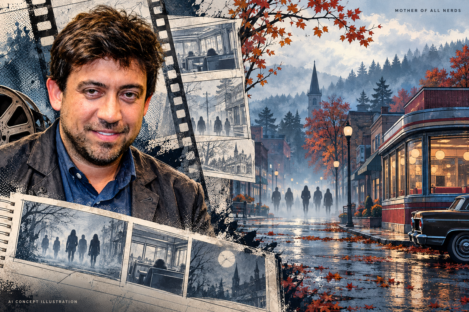 AI concept illustration pairing Alfonso Gomez-Rejon's adapted portrait with an imagined misty town and shadowy figures; not official series art.