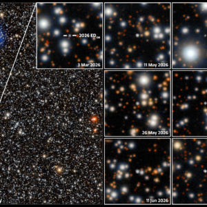 Rubin Observatory mosaic showing 2026 ED138 moving through a densely crowded Milky Way star field across multiple 2026 dates