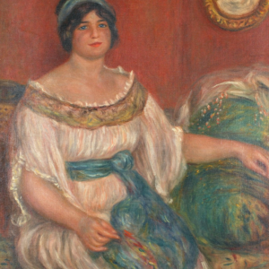 Renoir’s Portrait of Madame Colonna Romano, showing a seated woman in a pale dress and blue-green sash beside an upholstered chair.