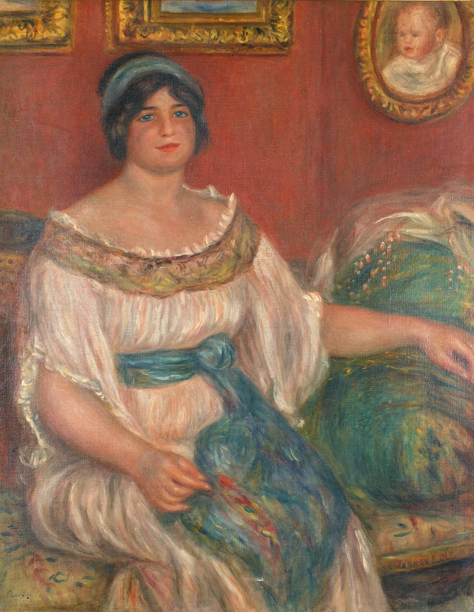 Renoir’s Portrait of Madame Colonna Romano, showing a seated woman in a pale dress and blue-green sash beside an upholstered chair.