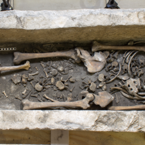 Medieval skeletal remains lying inside the reused Roman sarcophagus from Westminster Abbey.
