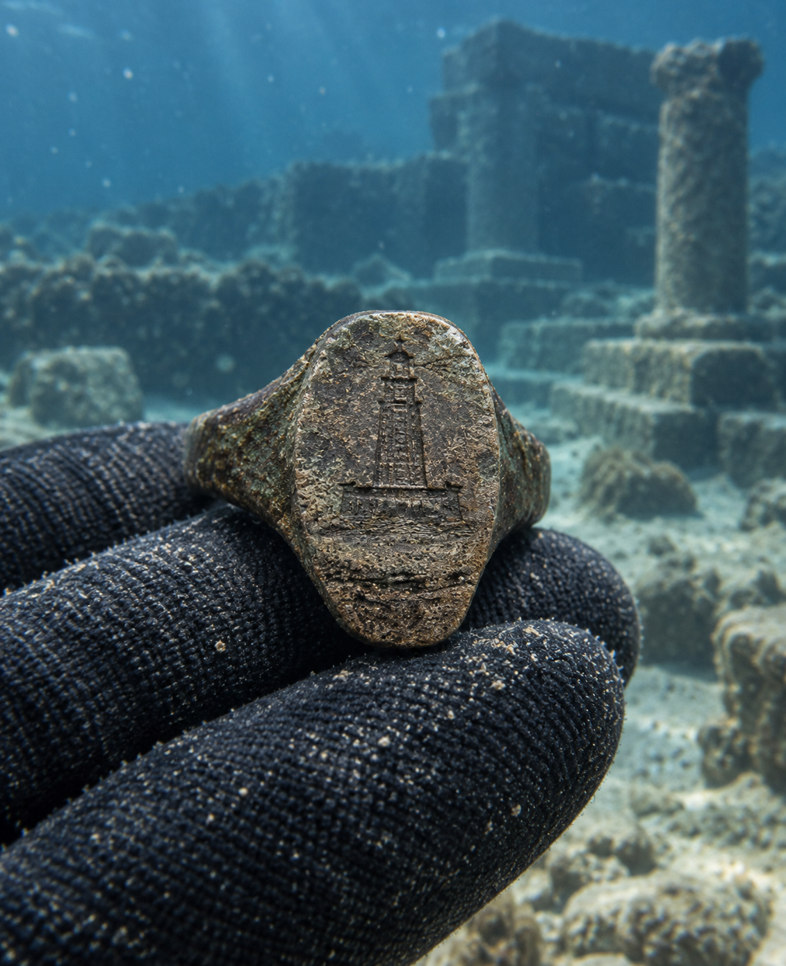 Original illustration of a worn bronze signet ring engraved with the Lighthouse of Alexandria, shown underwater near submerged stone ruins.