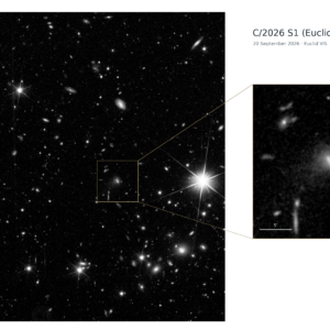 Euclid telescope image of a star-and-galaxy field with an enlarged inset marking comet C/2026 S1 as a bright streak surrounded by a fuzzy cloud.