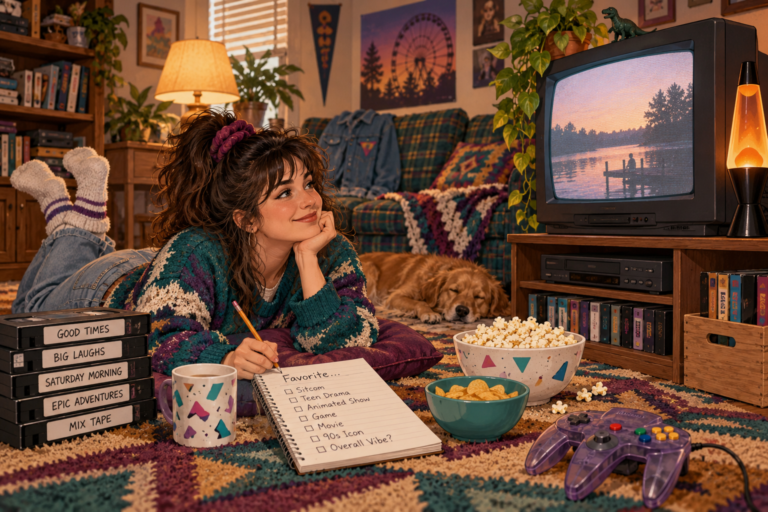 An original 1990s living room scene with a CRT television, VHS tapes and a pop-culture fan among nostalgic media gear.