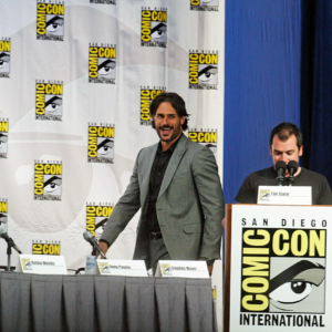 Actor Joe Manganiello speaks onstage at a True Blood panel at Comic-Con International in 2010.