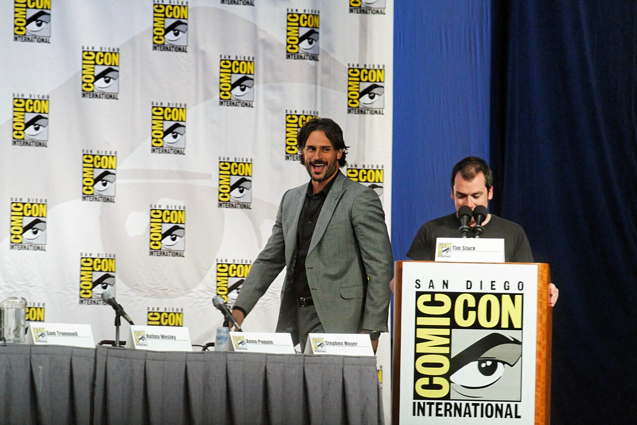 Actor Joe Manganiello speaks onstage at a True Blood panel at Comic-Con International in 2010.