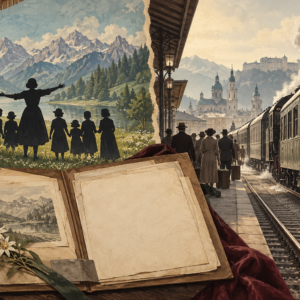Original editorial illustration contrasting a theatrical alpine backdrop with a train leaving Salzburg and archival papers; it does not depict the von Trapp family or an actual departure.