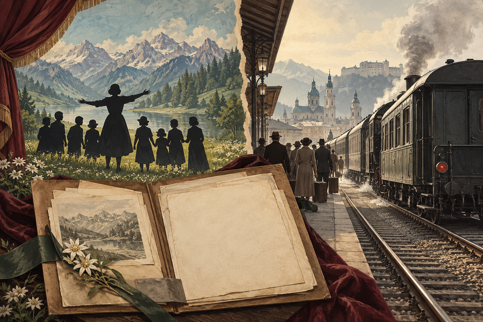 Original editorial illustration contrasting a theatrical alpine backdrop with a train leaving Salzburg and archival papers; it does not depict the von Trapp family or an actual departure.