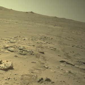 Perseverance rover tracks crossing rocky, sloping Martian terrain on October 11, 2026.