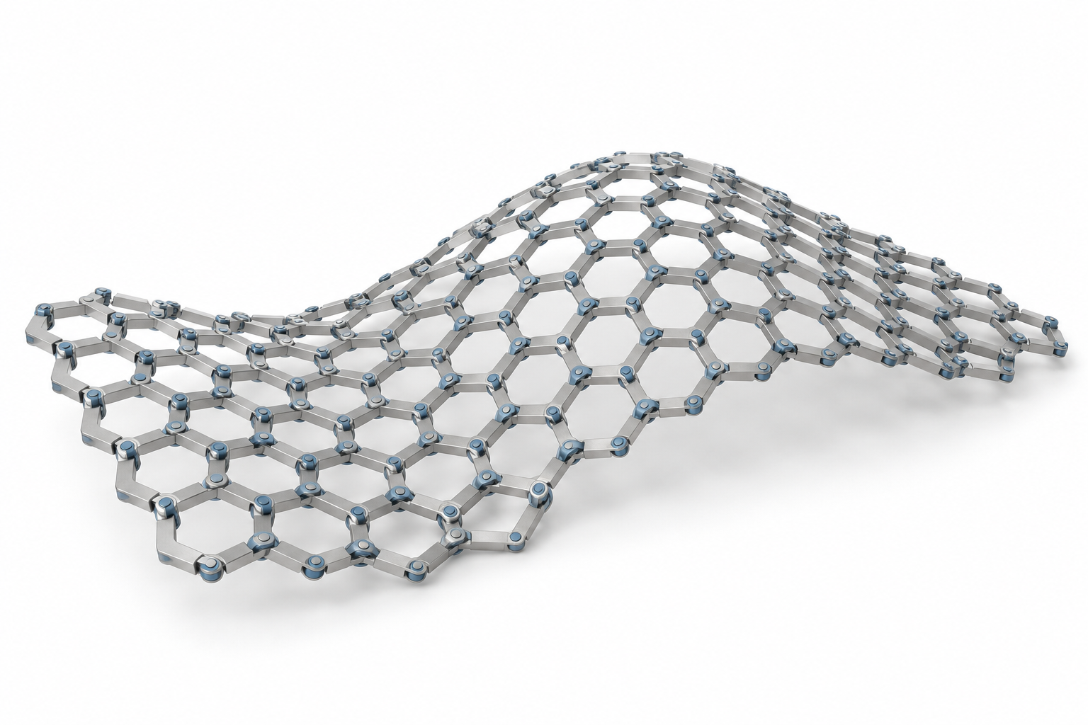AI-generated conceptual illustration of a silver mechanical honeycomb bending into a wave on a white background.