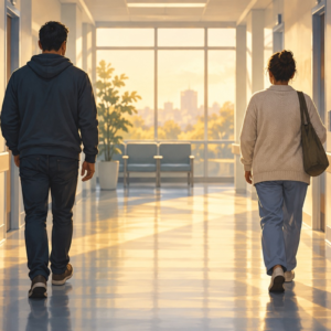 Two anonymous people seen from behind in a quiet hospital corridor, connected by warm daylight; symbolic illustration about living kidney donation.