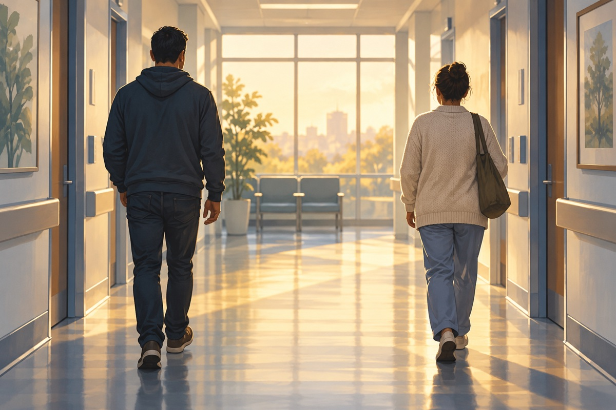Two anonymous people seen from behind in a quiet hospital corridor, connected by warm daylight; symbolic illustration about living kidney donation.