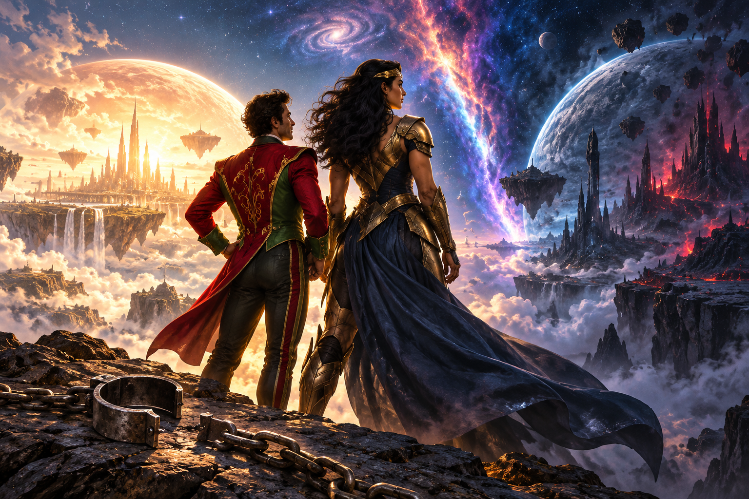 Original editorial illustration of an escape artist and armored warrior couple facing two divided cosmic worlds.