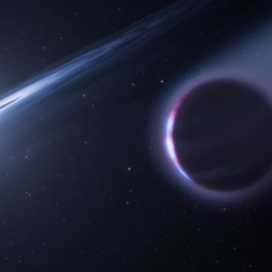 Official ESA/Hubble artist’s concept of a possible gas giant orbiting a white dwarf, with a bright debris disk and escaping material; illustration, not an observed photograph.