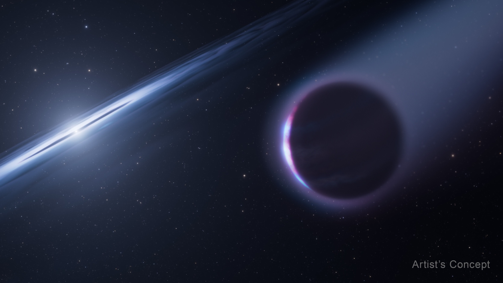 Official ESA/Hubble artist’s concept of a possible gas giant orbiting a white dwarf, with a bright debris disk and escaping material; illustration, not an observed photograph.