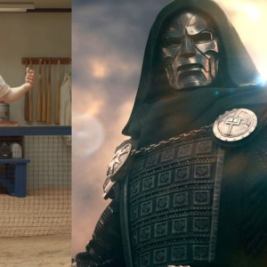 Composite promo image of Bryce Harper in a Phillies uniform beside the masked Doctor Doom.