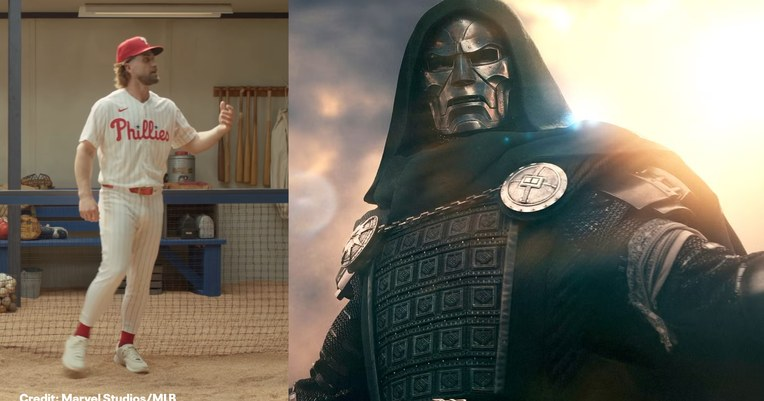 Composite promo image of Bryce Harper in a Phillies uniform beside the masked Doctor Doom.