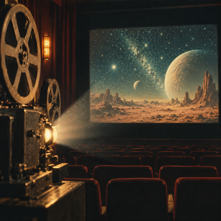 An old cinema projector beams a star-filled image across a smoky theater with a 1970s science-fiction mood.