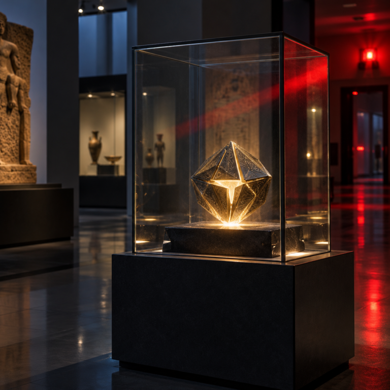 A geometric alien artifact glows inside a quiet museum gallery as an alarm light reflects on glass.