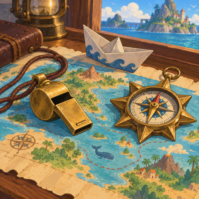 A hand-painted animated brass whistle and star-shaped compass sit on a colorful imaginary adventure map.