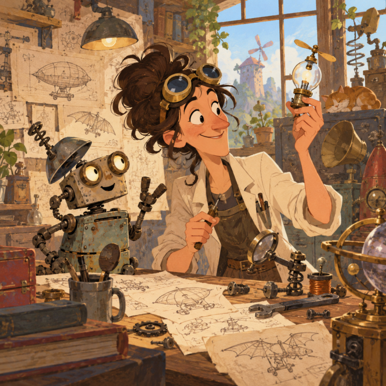An original cartoon inventor in a cluttered workshop surrounded by playful gadgets and a small robot.