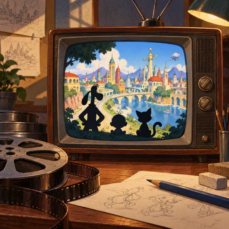 A vintage television shows original hand-drawn cartoon shapes beside an animation pencil and film reel.