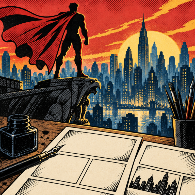 A stack of original blank comic panels with a dramatic city skyline and a red-blue hero silhouette.