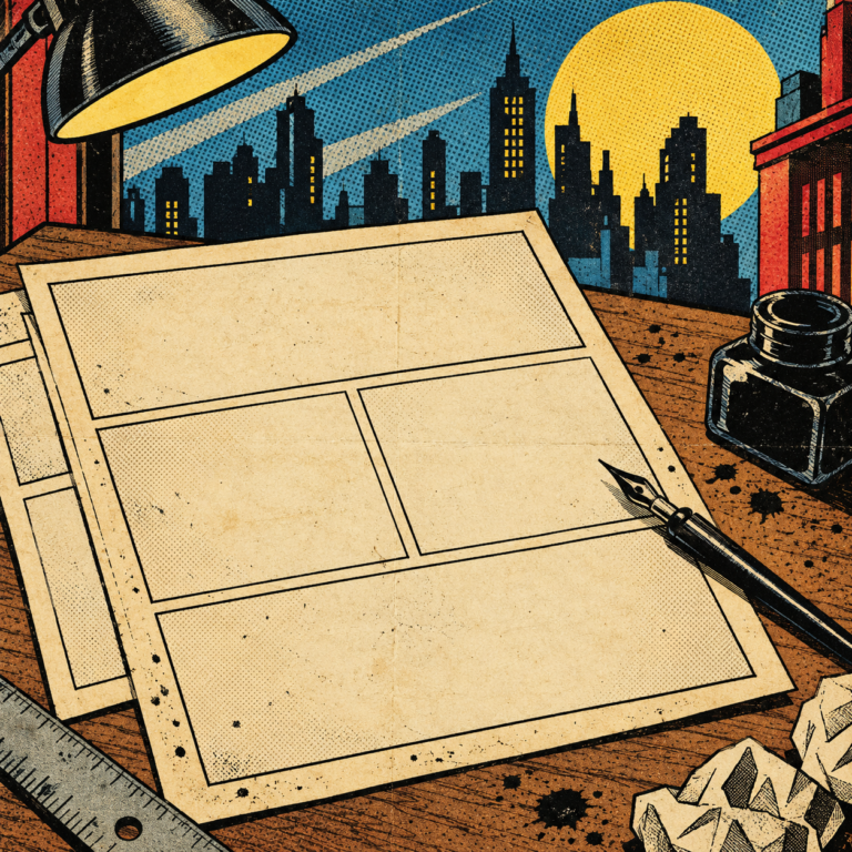 Blank comic panels, an ink bottle, and a worn paper cover suggest the history of superhero comics.