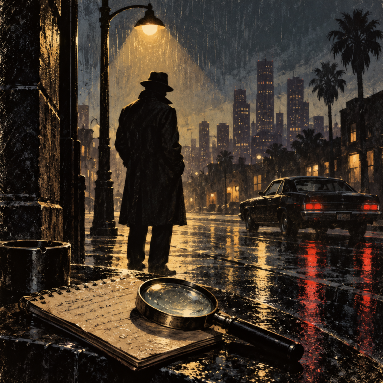 A rain-slick city street with a notebook, magnifying glass, and lone detective silhouette beneath a streetlamp.