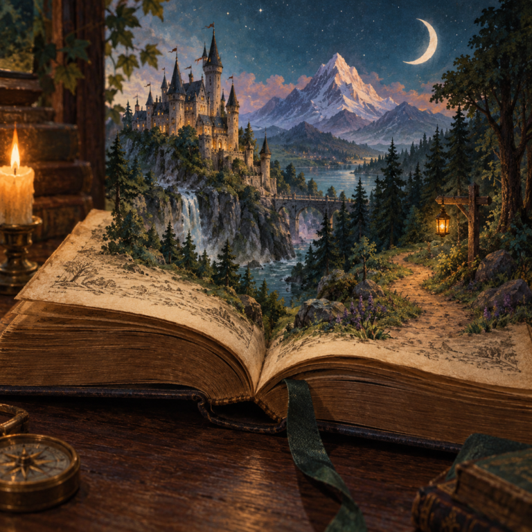 An open illustrated fantasy book reveals a castle, forest path, and distant mountain under a crescent moon.