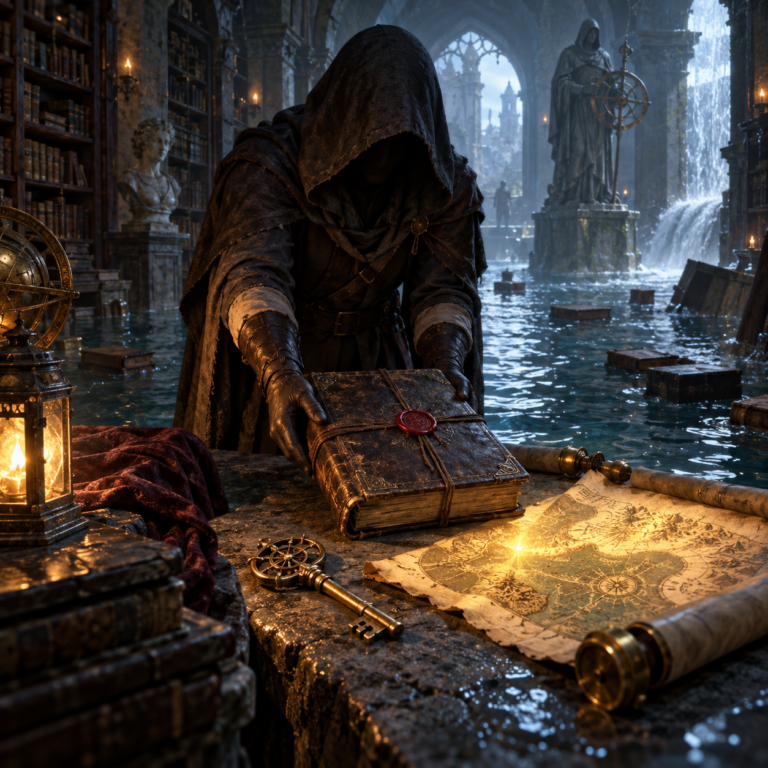 A flooded fantasy archive with a sealed manuscript, brass key, and glowing map lifted above the water.